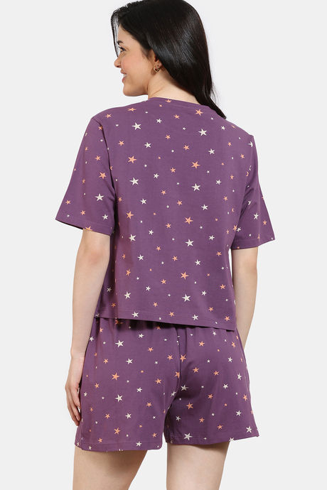 Zivame Starry Dreams Knit Cotton Shorts Set - Berry Conserve — image 4